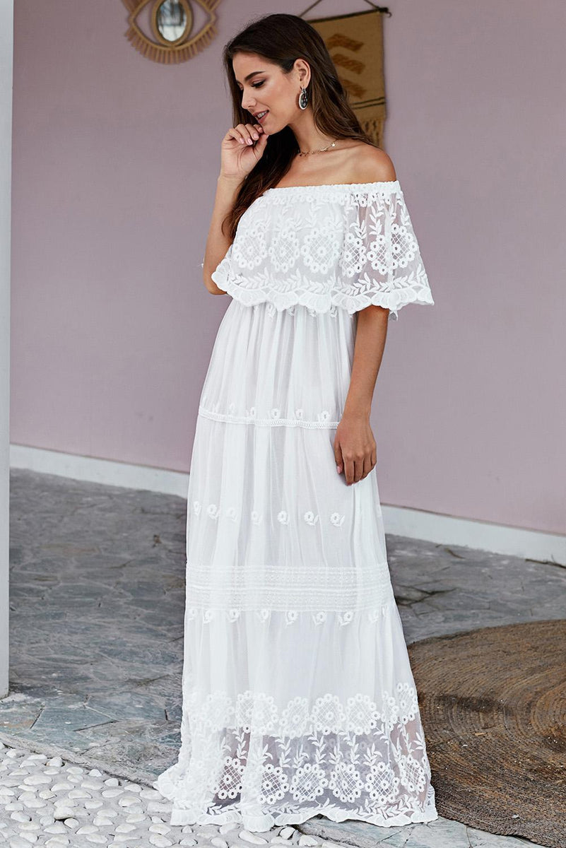 Flower child off the shoulder lace maxi dress sale