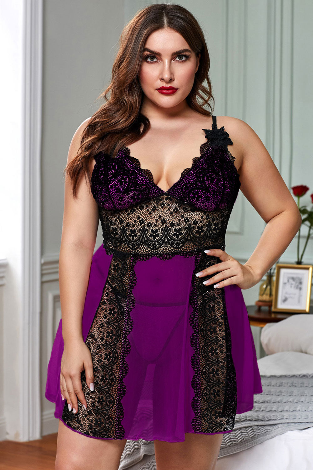 Buy Purple Hollow Out Lace Plus Size Babydoll 