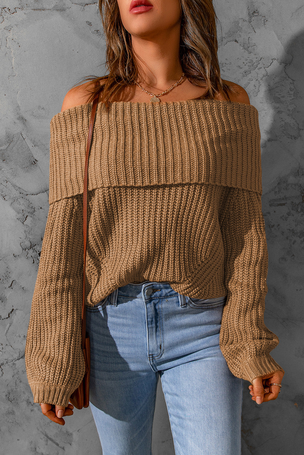 Buy Khaki Ribbed Foldover Off Shoulder Sweater Boldgal