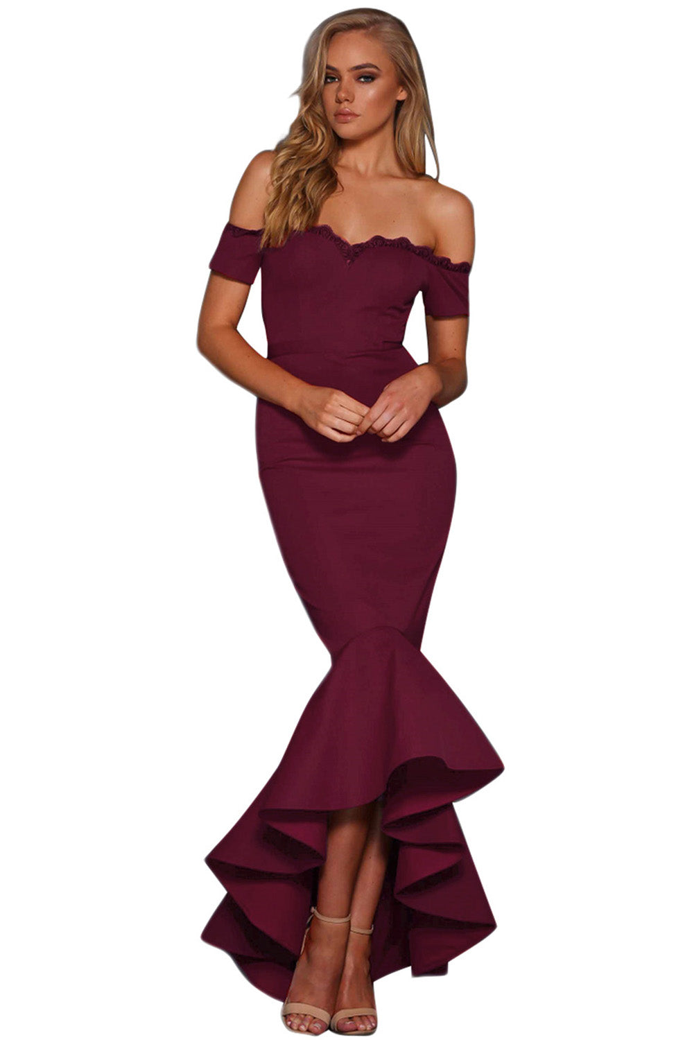 Buy Burgundy Lace Trim Off Shoulder Mermaid Dress